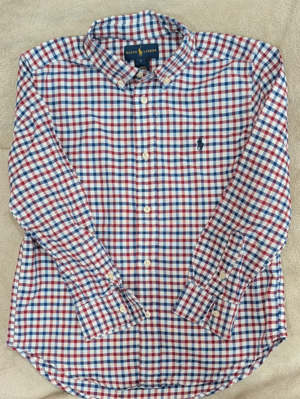 Ralph Lauren Boys  Size 7 Red, White and Blue Checked Button-Down Long SleeShirt